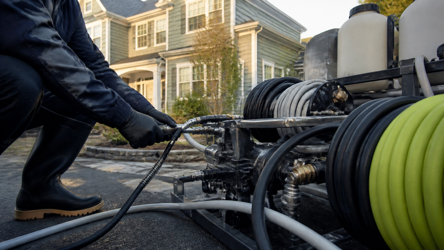 Exterior-cleaning equipment and a technician preparing a Massachusetts property for service