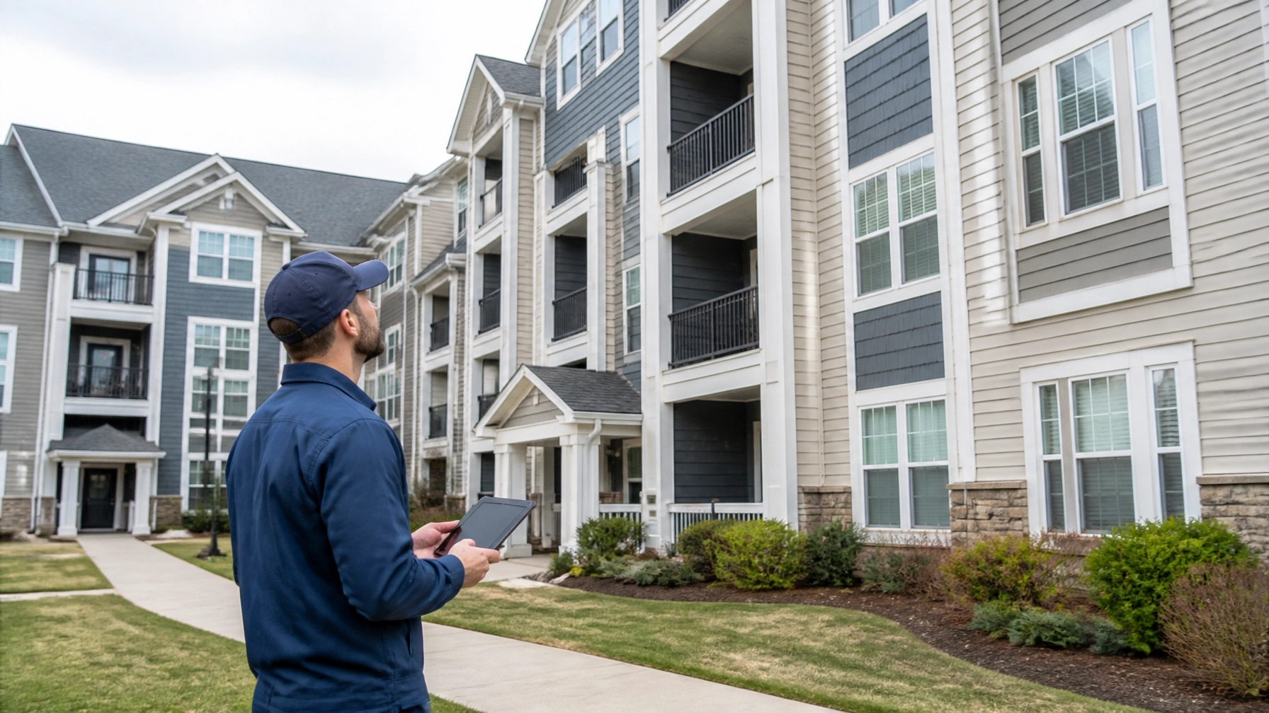 Technician inspecting a multi-unit property exterior in Massachusetts
