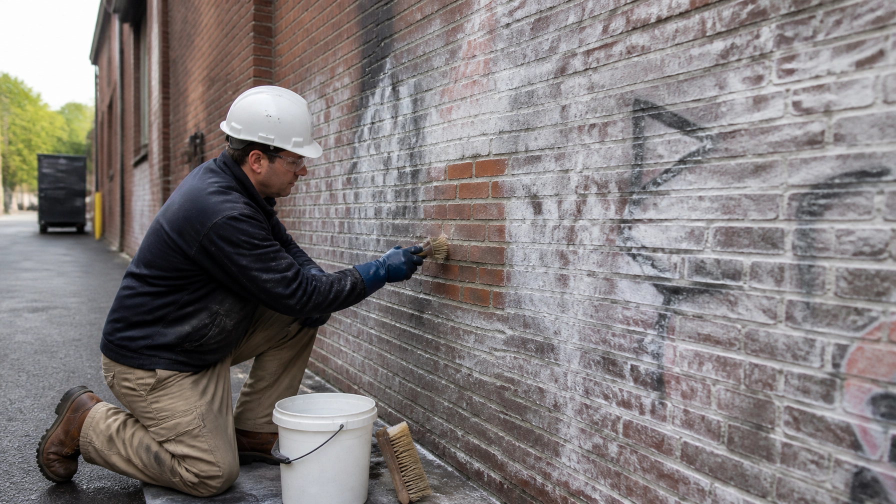 Technician restoring a commercial brick facade in New England