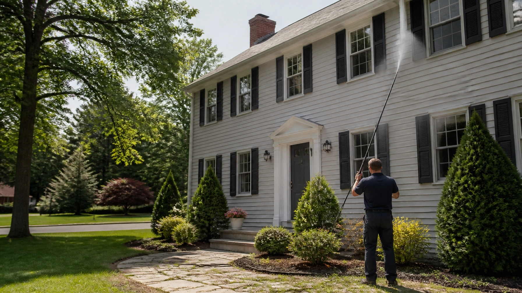 New England home exterior being professionally washed in Blackstone Valley Massachusetts