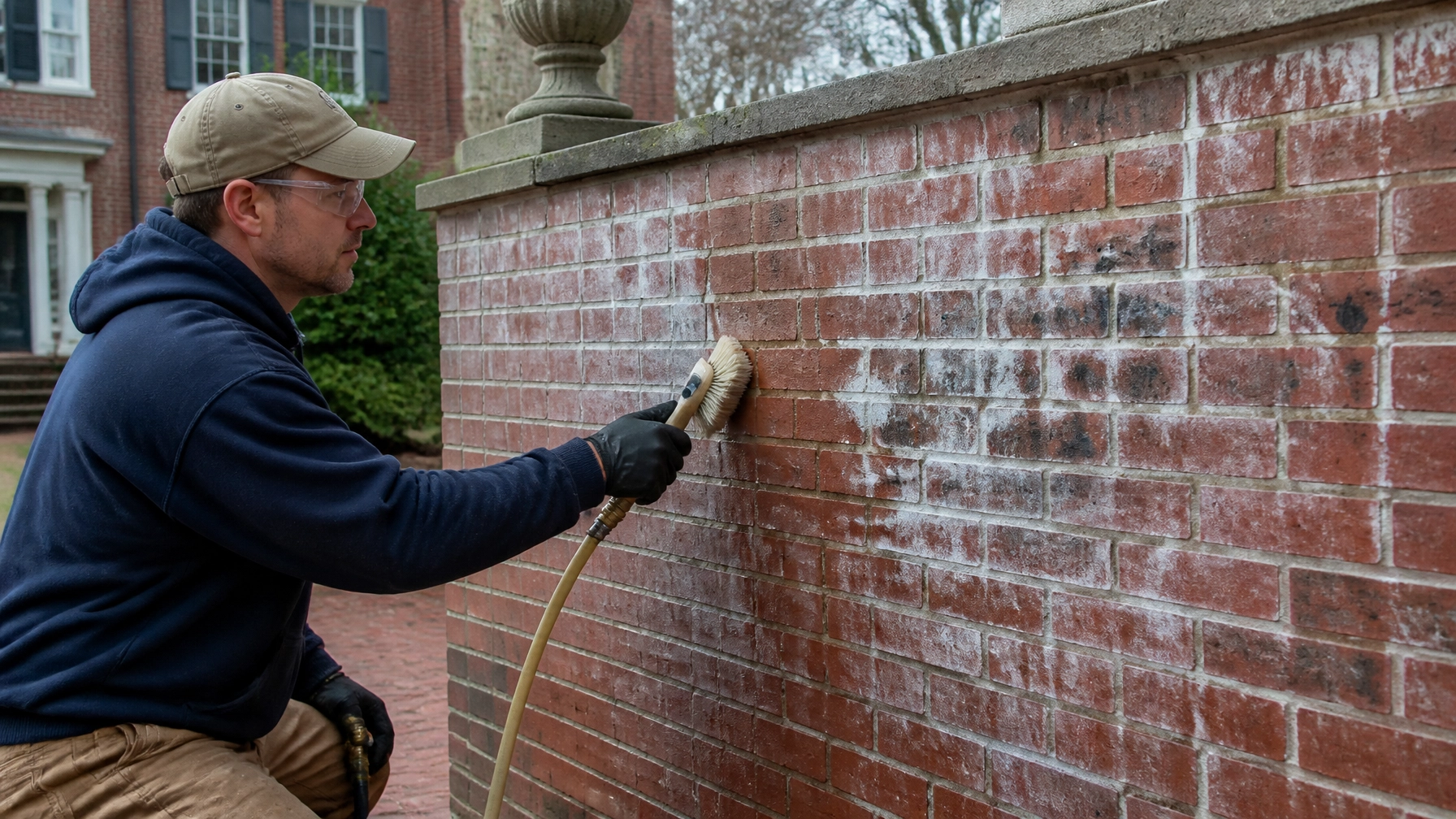 Technician restoring a brick and concrete wall at a Massachusetts property