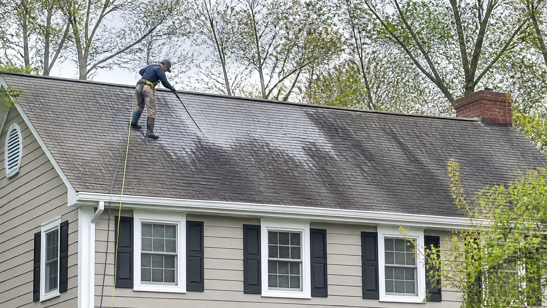 Professional soft-washing the roof of a New England home in Massachusetts