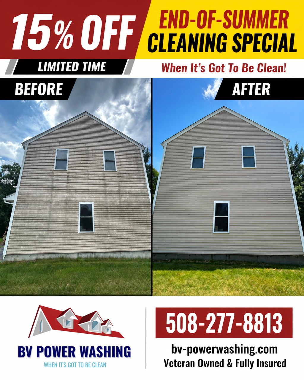 End-of-summer cleaning special graphic about a before-and-after exterior cleaning difference