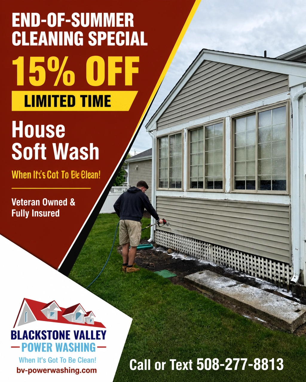 End-of-summer cleaning special graphic offering 15% savings from BV PowerWashing